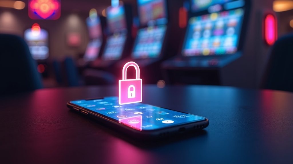 هاتف مع رمز أمان وملف APK في أجواء كازينو داكنة