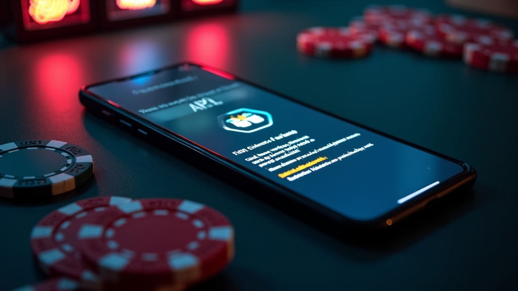 هاتف أندرويد يعرض تثبيت ملف APK داخل أجواء كازينو داكنة